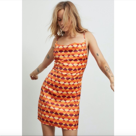 Urban Outfitters | UO Mallory Cowl Mini Slip Dress Retro Orange Satin New Medium - Picture 5 of 13